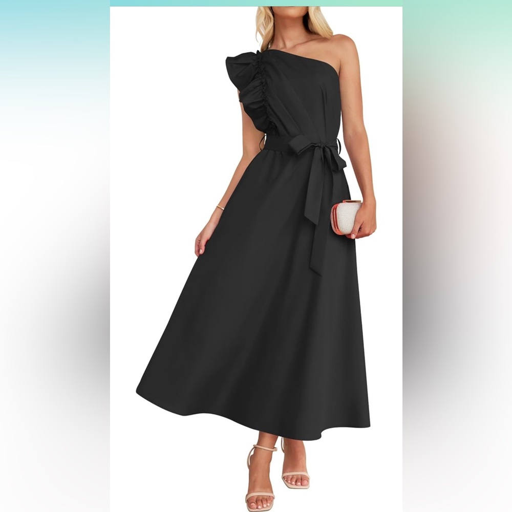 Summer One Shoulder Ruffle Dress Sleeveless Empire Waist Boho Flowy Maxi Dresses